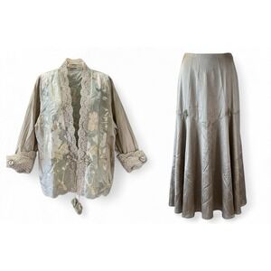 Lee Andersen‎ Skirt Jacket Set Womens Large Open Top Gold Silk Embellished